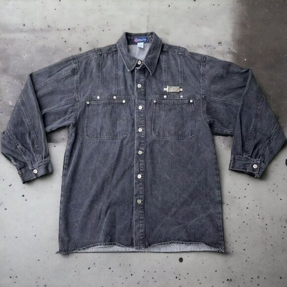Paco Other - 1990s Paco Rabanne LARGE Distressed Gray Denim Baggy Big Pocket Shirt Jacket